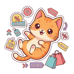 Cute Orange Cat with Sale and Promo Stickers. © Doyez Vector