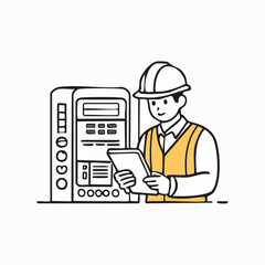 制御盤を確認しタブレット操作するスマート工場作業アイコン 白背景