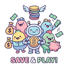 Fototapeta premium Cute robot and friends saving money and playing.