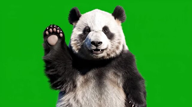 Animated panda waving on green screen background for wildlife education and childrens content creation and digital compositing