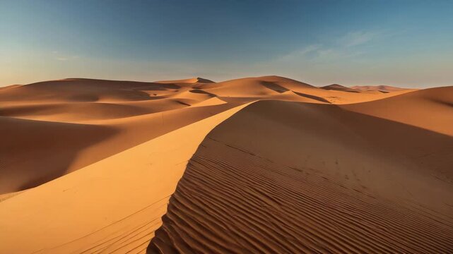 Golden sand dune ridge desert at sunset with sunlight and shadow textured patterns under blue sky