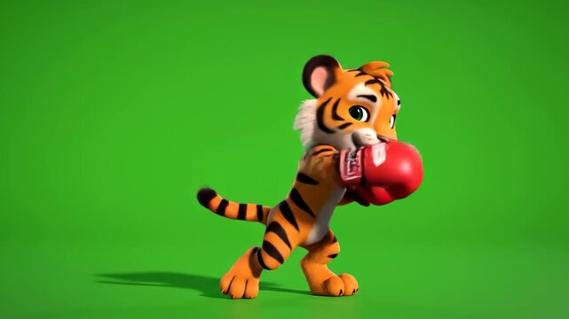 Animated tiger cub in boxing gloves on green screen ready to fight with a determined expression,animated character boxing in the ring