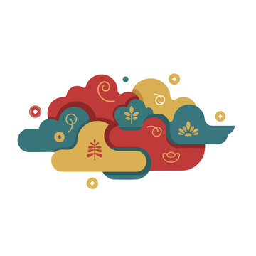 Stylized graphic of auspicious clouds in vibrant red, gold, and teal, adorned with traditional Asian symbols of prosperity and good fortune, ideal for festive celebrations