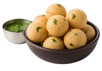 Delicious Paniyaram with Green Chutney in Wooden Bowl