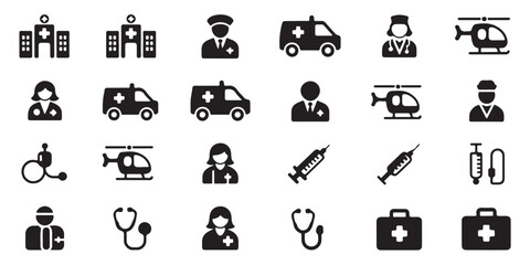 Fototapeta premium Hospital doctor nurse ambulance helicopter patient wheelchair syringe first aid kit medical icons