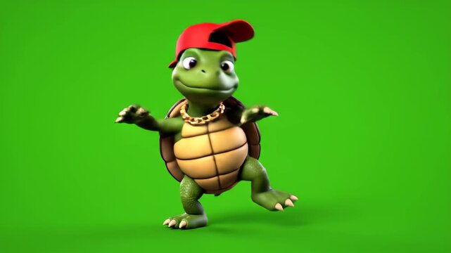 Animated turtle character dancing on green screen background animation,cartoon style,wearing red cap and gold chain