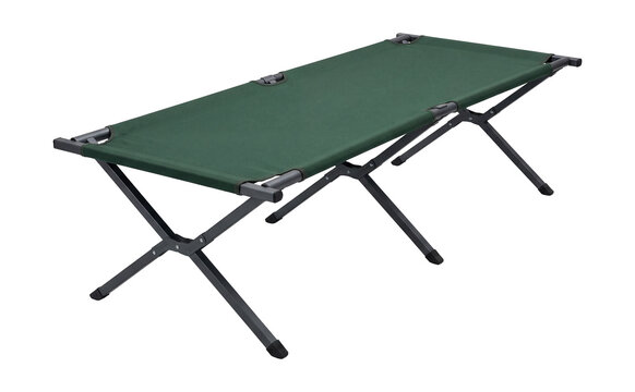 Portable camping cot with a lightweight aluminum frame.
