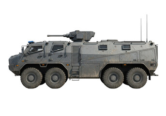 Armored military vehicle with mounted gun and antennae
