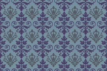 Damask pattern with botanical motifs. Designed to give a luxurious feel. Designed in shades of blue.