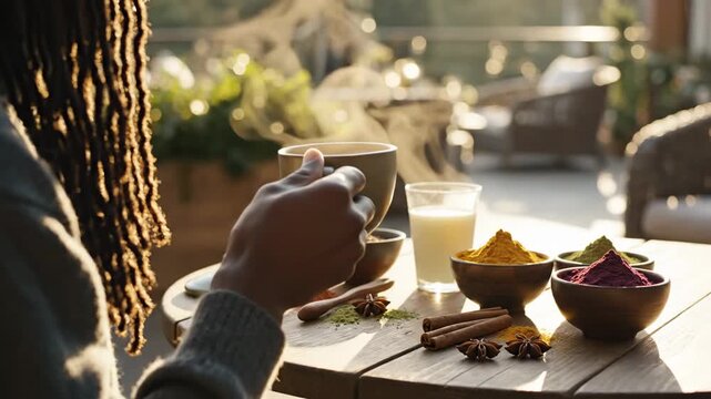 Warm Morning Beverage Preparation Diverse Spices and Ingredients on Wooden Table Outdoors with Person Holding Steaming Cup