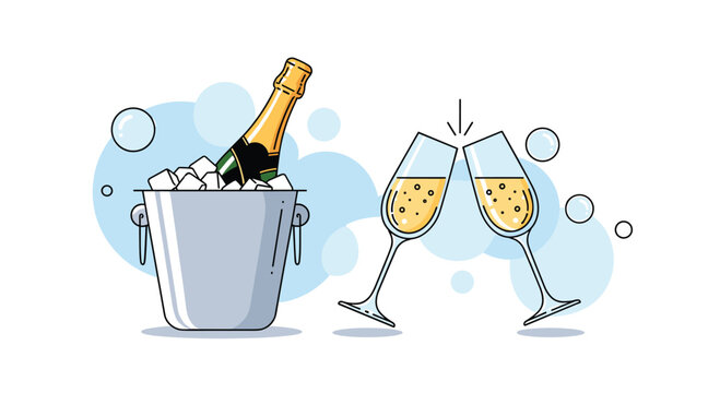 Celebratory scene with a bottle of champagne in a silver ice bucket and two glasses clinking in a toast with bubbly liquid.