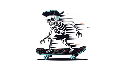 Skeleton wearing a baseball cap and sunglasses performing a trick on a skateboard with motion lines suggesting high speed. © Sumi