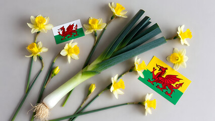 Welsh national symbols with leek daffodils and red dragon flags arranged for St David&rsquo;s Day celebration flat lay concept
