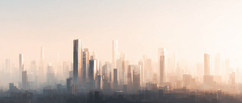A symbolic business future concept featuring a modern city skyline with soft light effects and vertical data lines, representing urban growth and digital transformation.