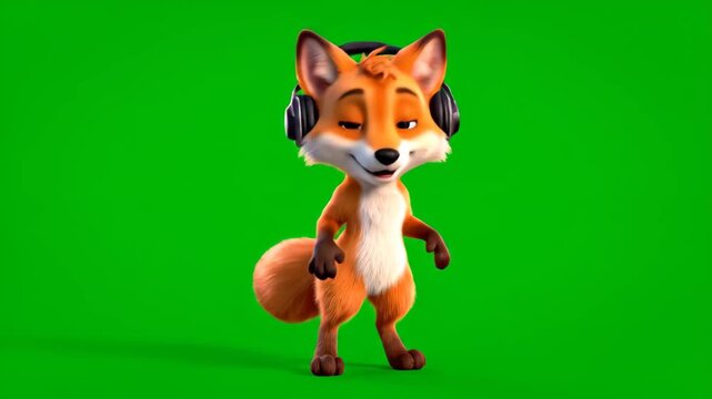 Cartoon fox character listening to music isolated on green screen background animated animal for compositing and motion graphics