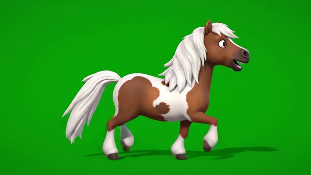 Cartoon horse animated trot cycle on green screen background for children education and animal learning projects