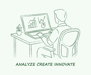 Fototapeta premium Business Data Analysis Illustration – Professional Working on Analytics Dashboard Line Art