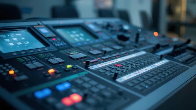 Audio mixing console illuminated controls fader knob control sliders touchscreen moody dim studio