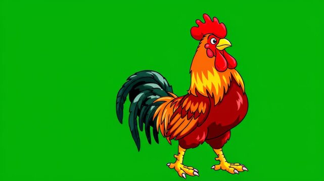 Cartoon rooster animation on green screen background perfect for agriculture and farm related projects