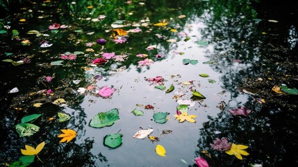Colorful autumn leaves and plant debris floating on the surface of a dark pond reflecting trees and sky