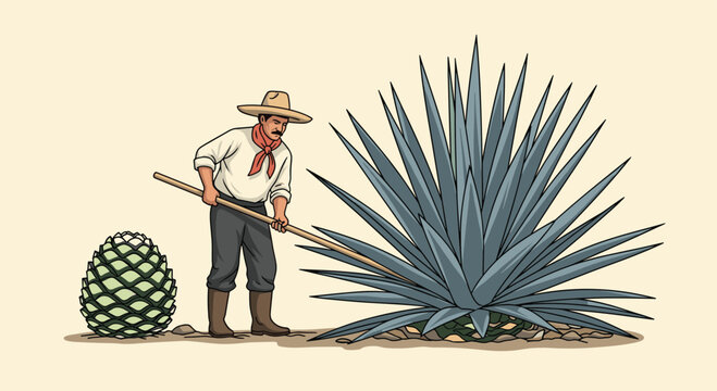 Detailed illustration of a traditional jimador harvesting blue agave plants for tequila production in a clean graphic style.