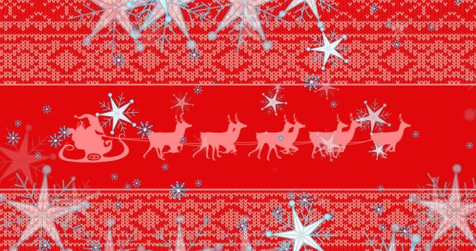 Animation of snow falling over christmas decoration and pattern