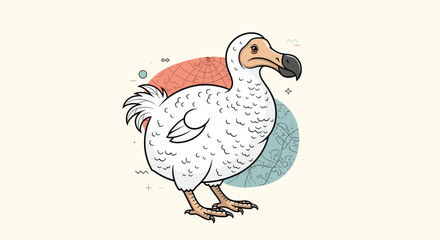 Detailed artistic illustration of an extinct dodo bird with colorful abstract geometric and celestial motifs in the background. © Sumi