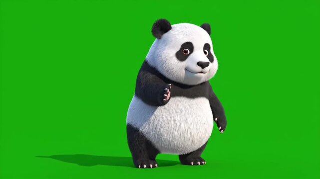 Cheerful cartoon panda character standing animation on green screen background for keying in video editing projects
