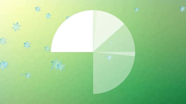 Animation of snowflakes icons over pie graph spinning against green gradient background