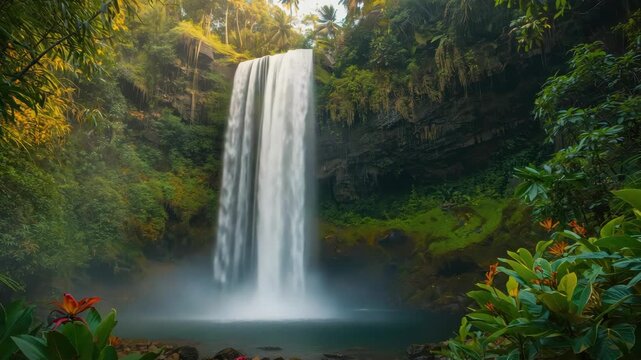 Lush tropical waterfall forest pool with misty cascade and vibrant greenery sunlight