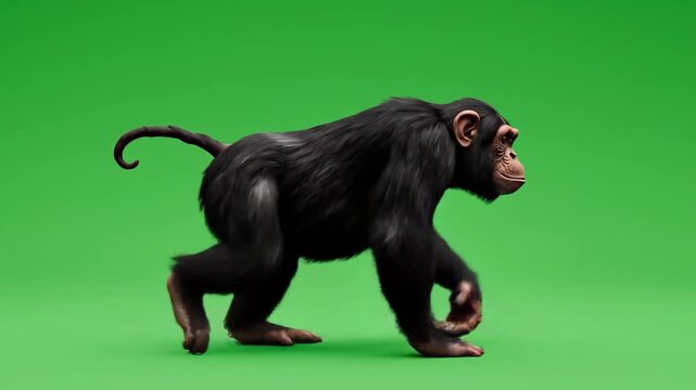 Chimpanzee walking side view on green screen animal animation mammal primate jungle wildlife exotic species background nature conservation