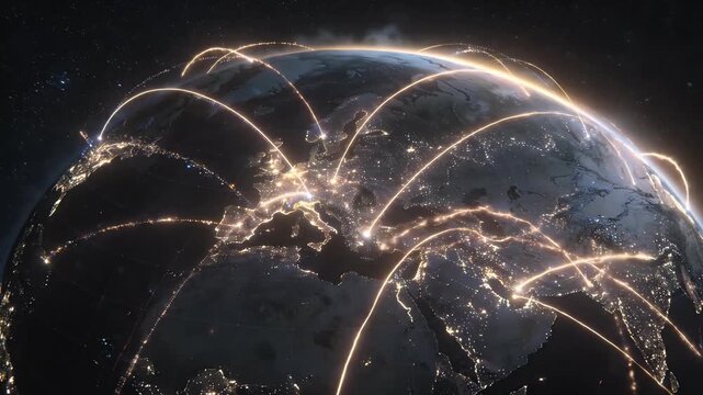Global connection lines over planet earth with city lights