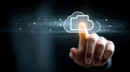 Obraz premium A hand interacts with a digital cloud interface, symbolizing cloud storage and technology in a modern, sleek environment, file upload on cloud technology