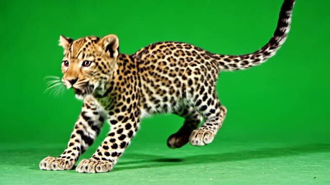 Cute leopard cub leaping with grace and energy against chroma green background wildlife conservation and exotic animal themed projects