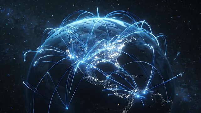 Global network connections over north america on planet earth