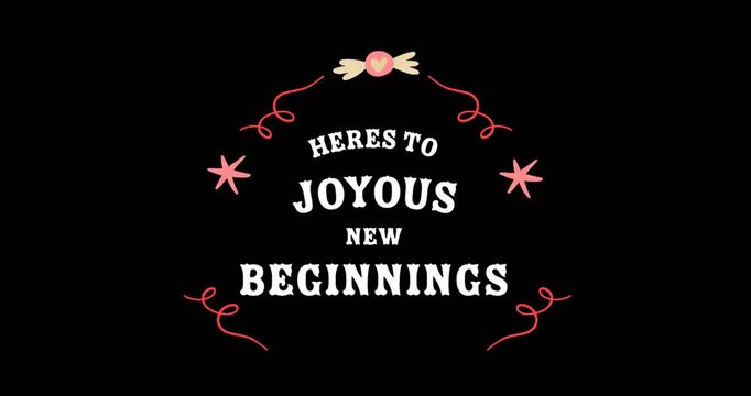 Animation of heres to joyous new beginnings text on black background
