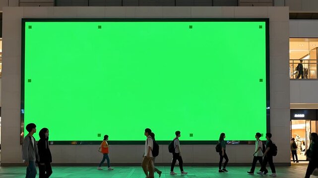 A large, massive outdoor digital billboard with a vibrant green screen and visible corner tracking markers stands prominently on a modern commercial b
