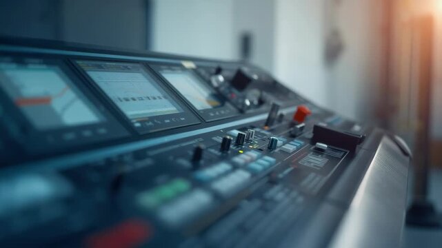 Music production console with soft sunlight shallow depth of field + digital audio mixing console