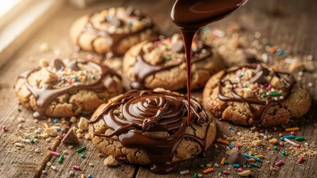 Medium shot capturing cookies being artistically drizzled with chocolate focusing on the delicate swirl patterns and sprinkling toppings.