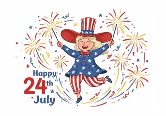 Cartoon cowboy celebrating 24th of July with fireworks, vector illustration for banner or poster