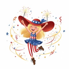 Cartoon girl in patriotic outfit celebrating with fireworks, 4th of July illustration for banner or poster, isolated on transparent background, png