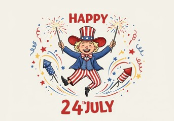 Cartoon Uncle Sam celebrating 4th of July with fireworks and rockets, illustration for banner or poster