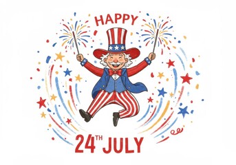 Uncle Sam jumping with fireworks and stars, 4th of July or Independence Day celebration illustration, for banner or poster