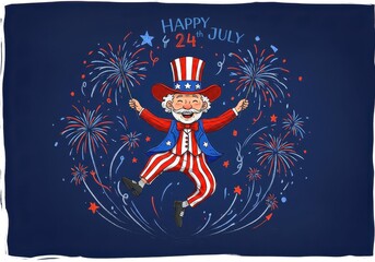 Uncle Sam jumping with fireworks and 'Happy 24th July' text, illustration for Independence Day banner or poster, isolated on white background