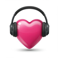 Glossy pink heart wearing black headphones, music love symbol, for music or podcast concept, Isolated on transparent background, png