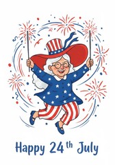 Happy 4th of July celebration illustration, cartoon senior woman in patriotic outfit with fireworks, for banner or poster