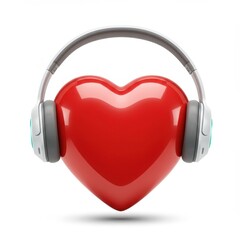 Glossy red heart wearing silver and gray headphones, music love symbol, for mockup or advertising, Isolated on transparent background, png