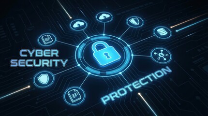Obraz premium Futuristic Digital Padlock Icon Surrounded by Cyber Security Text and Network Circuit Patterns Data Protection and Secure Technology Concept