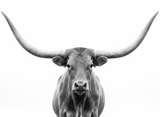 Monochromatic Texas Longhorn bull with wide, curved horns, isolated on a stark white background