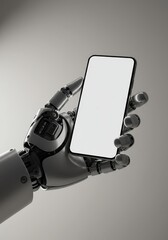 3D render of a dark silver robotic hand holding a smartphone with a blank white screen, for app or website mockup